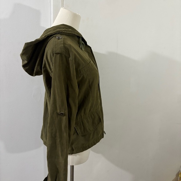 Brandy Melville Jacket One Size Olive Green Zip Up Hood Hailey Army Cropped - Picture 2 of 10